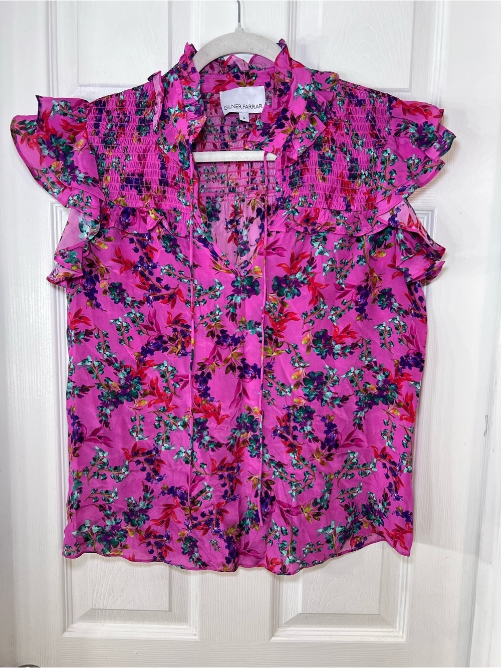 Gilner Farrar Pink Floral Ruffled Sleeve Blouse Size Small